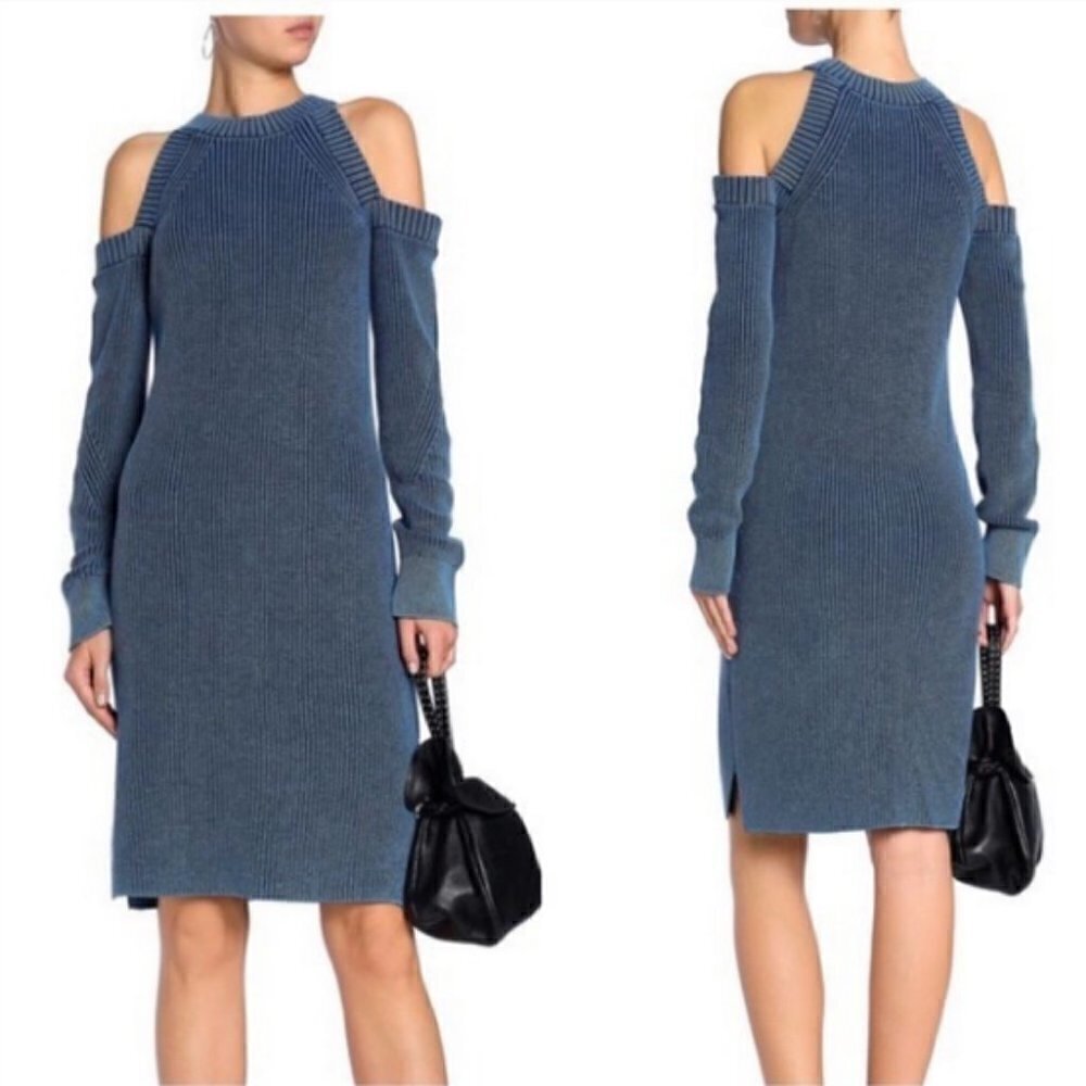 Rag & Bone Indigo Dana Cold Shoulder Knit Sweater Dress Size Small 100% Cotton - Picture 2 of 11